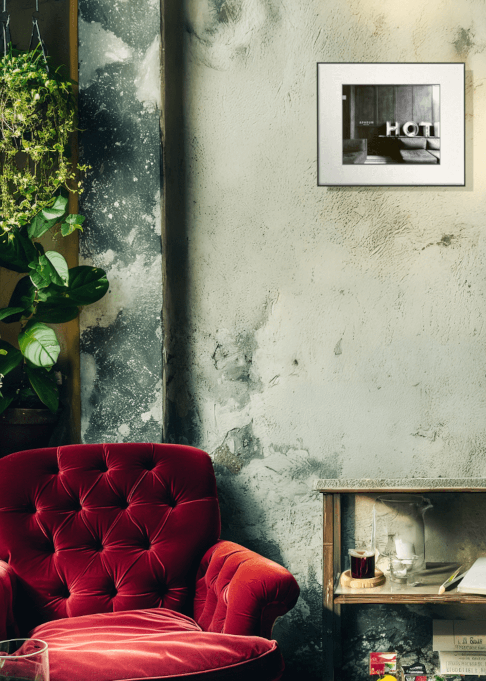 Frame M an einer hellen Wand, davor ein roter Sessel