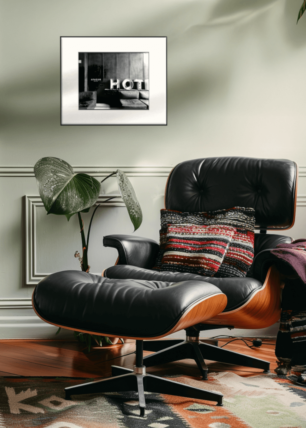 Apheum Frame L an einer hellen Wand, davor ein Eames Stuhl