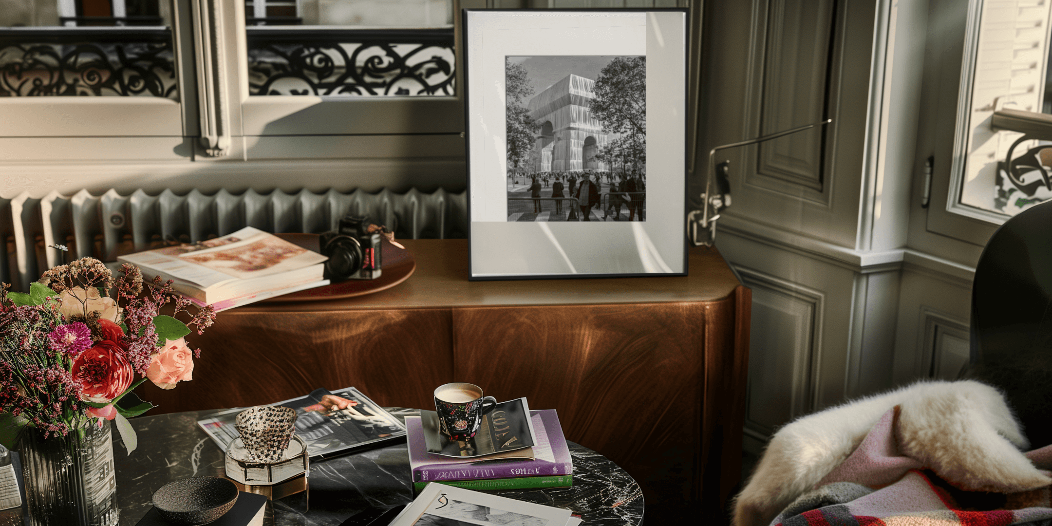 Frame M auf einem Tisch mit Kerze und Tee Tasse