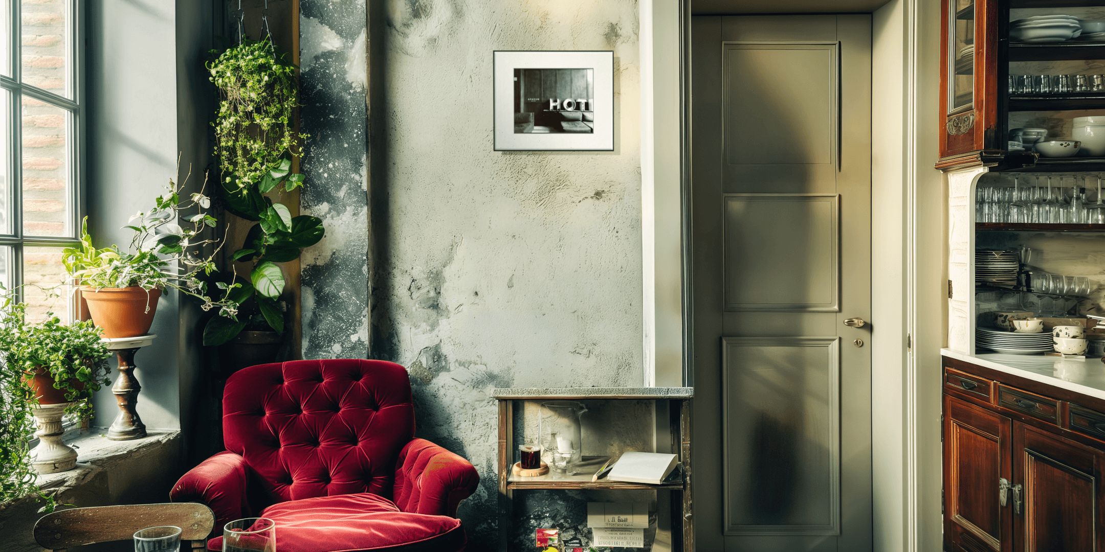 Wohnzimmer mit rotem Sessel und einem Frame M an einer lindgrünen Wand