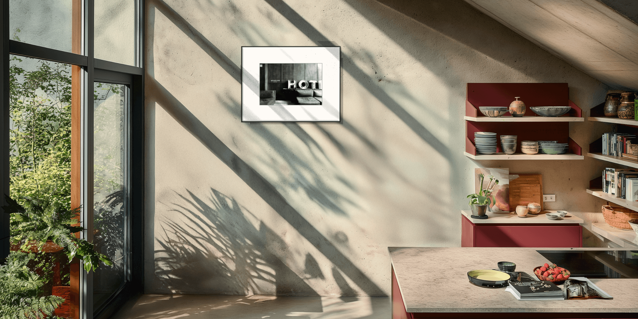 Apheum Frame an einer Loftwand braunlasiert mit einer hellen Fensterfront