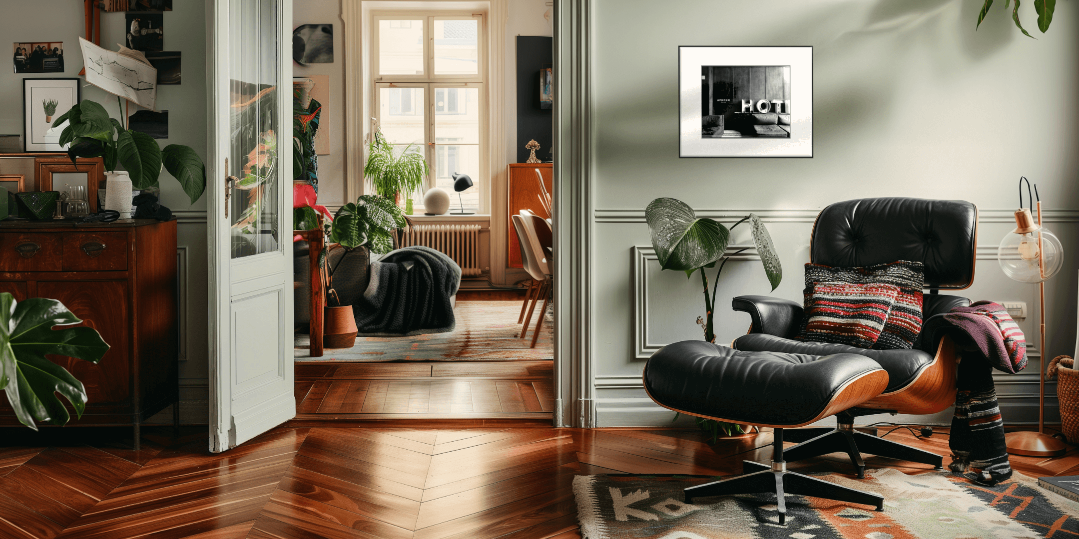 Eingerichtetes Wohnzimmer mit lindgrüner Wand an der ein Frame M hängt, davor ein Eames Stuhl