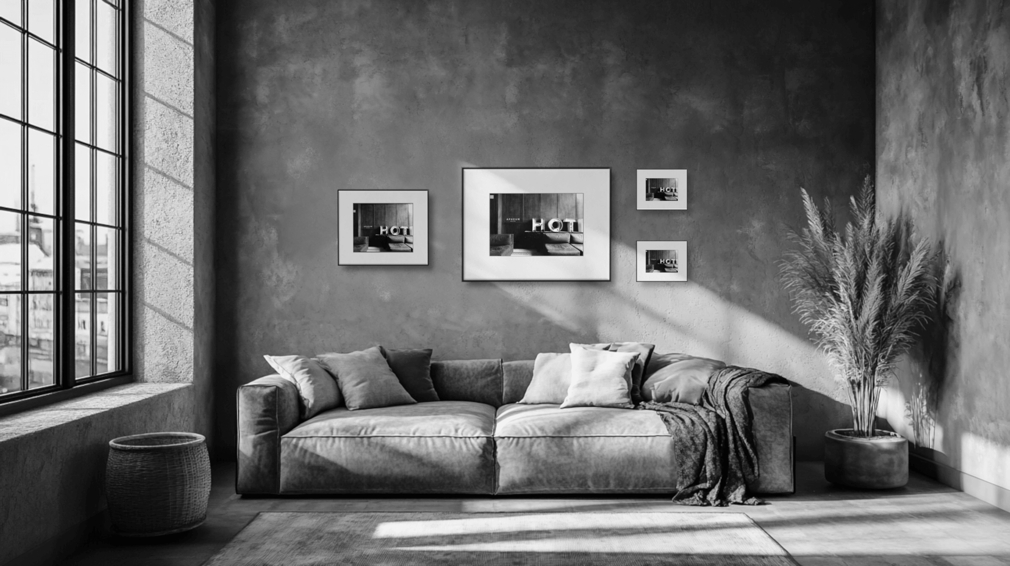 Loftwohnzimmer_Sofa_Wand_mit APHEUM Frames in BW