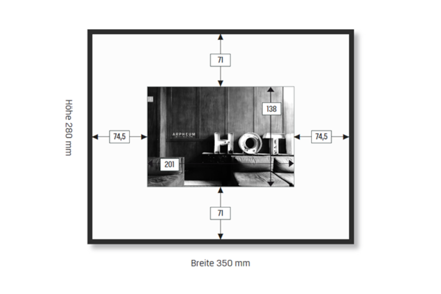 Black Frame from apheum.com with dimensions 350mm width and 280mm height for photo display