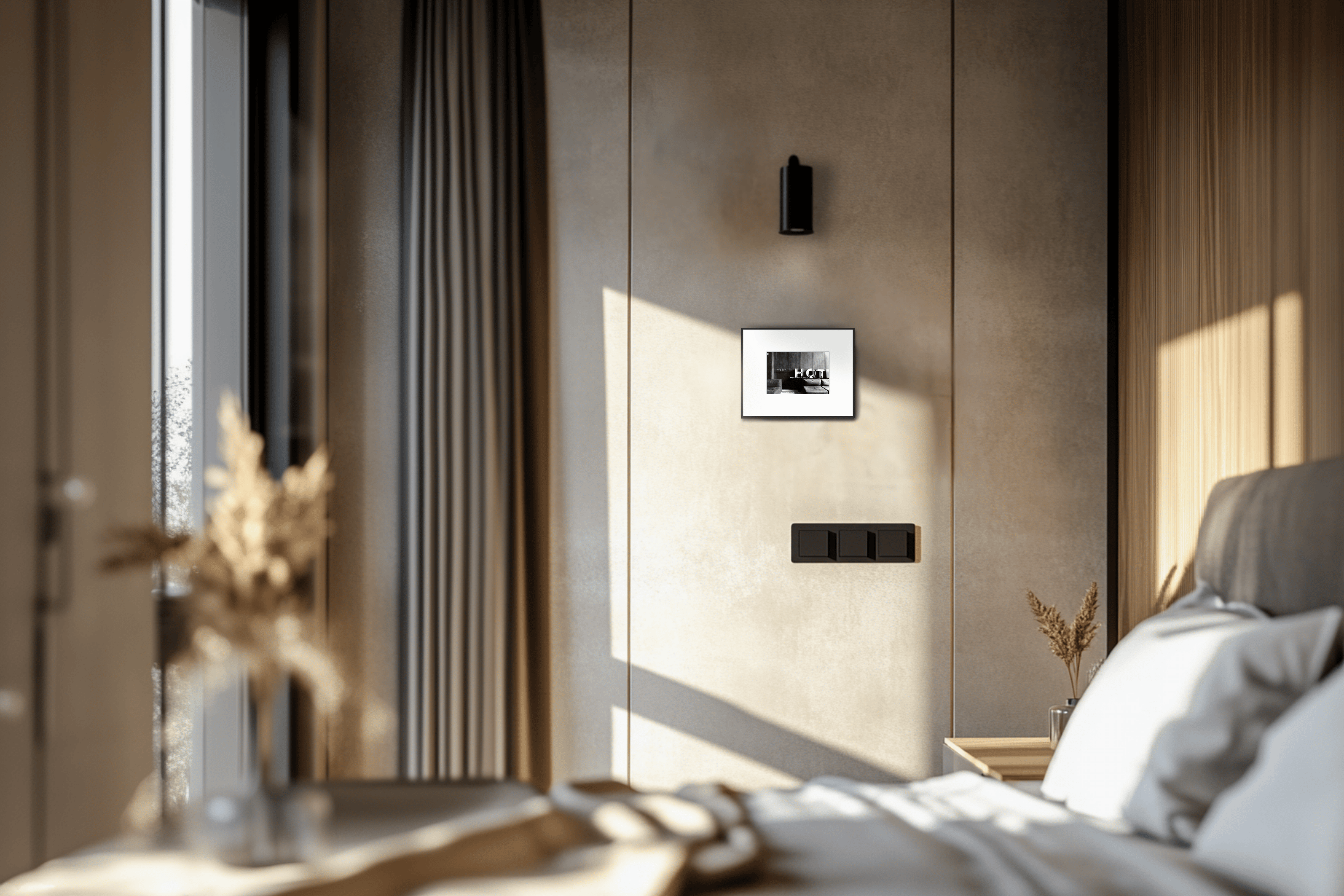 Modernes Zimmer mit Frame S digital-fine-art, gerahmtem Bild an der Wand, warmem Licht und eleganter Einrichtung