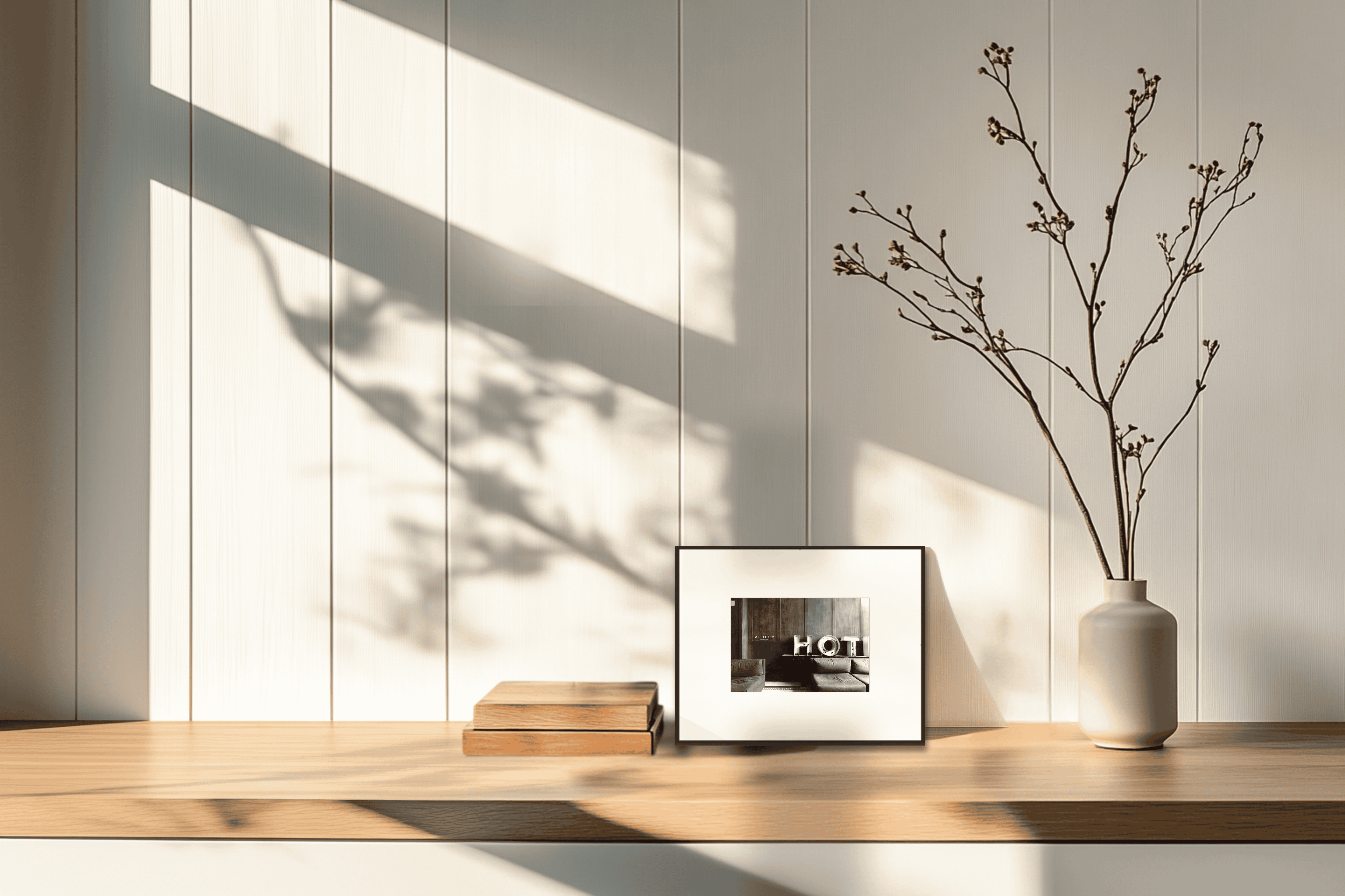 Eleganter Frame S digital-fine-art auf schlichten Regal mit dekorativen Blumen und Schattenwurf