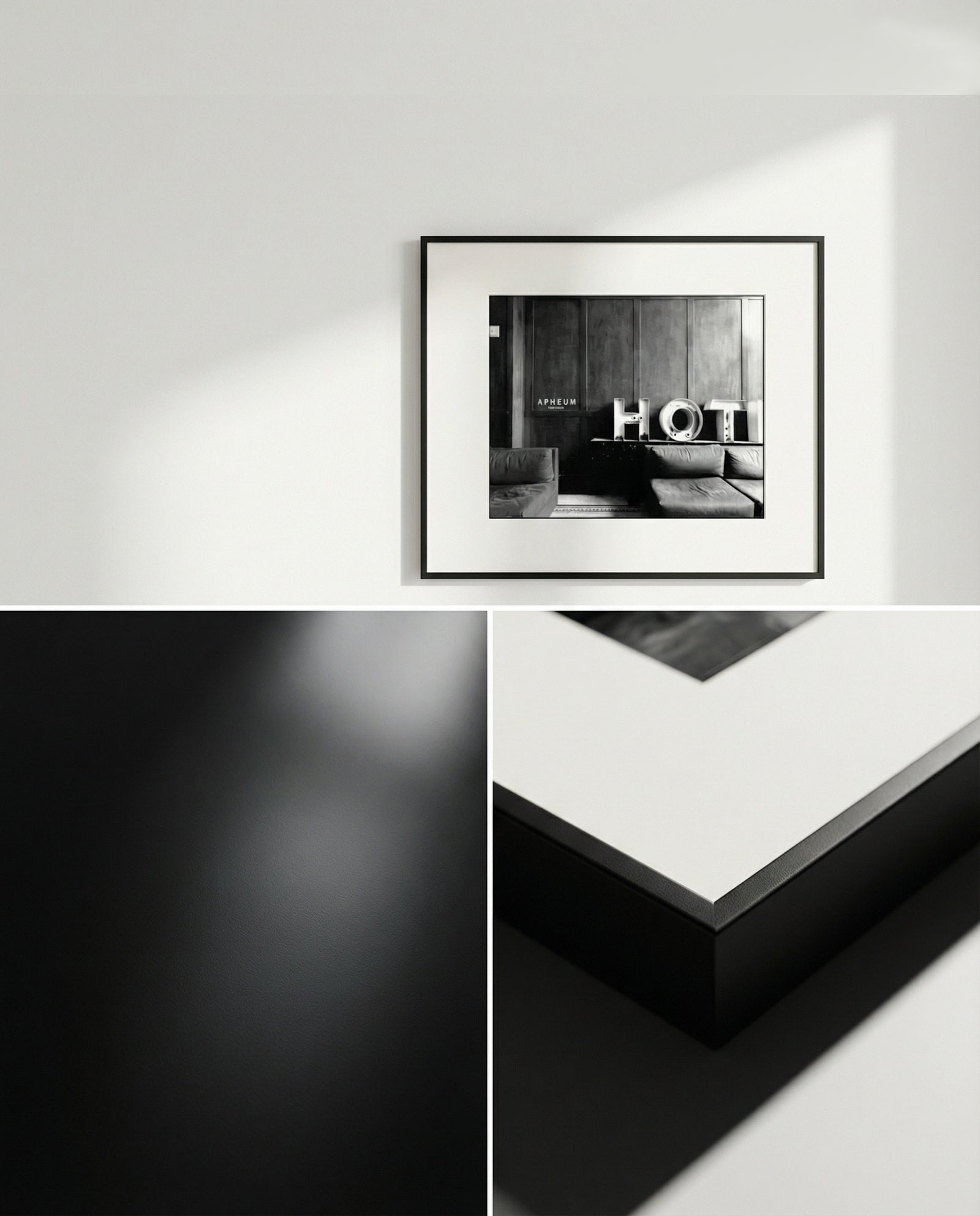 Cadre APHEUM avec photographie en noir et blanc aux dégradés subtils, dans un intérieur haut de gamme