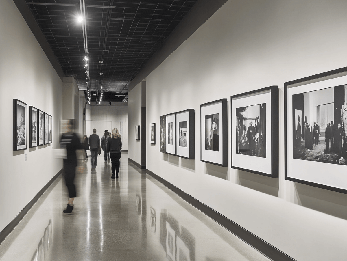 Gang an dessen Wänden viele Frames gehängt wurden